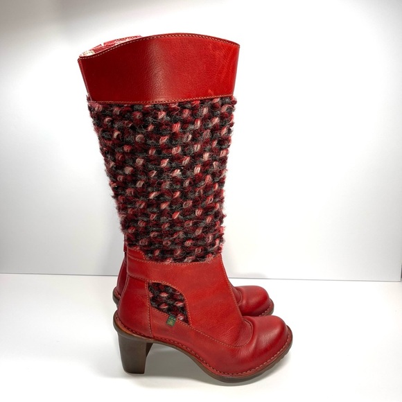El Naturalista Women’s Red Leather Heeled Knit Boots Size EU 37 US 6.5 - Picture 1 of 12